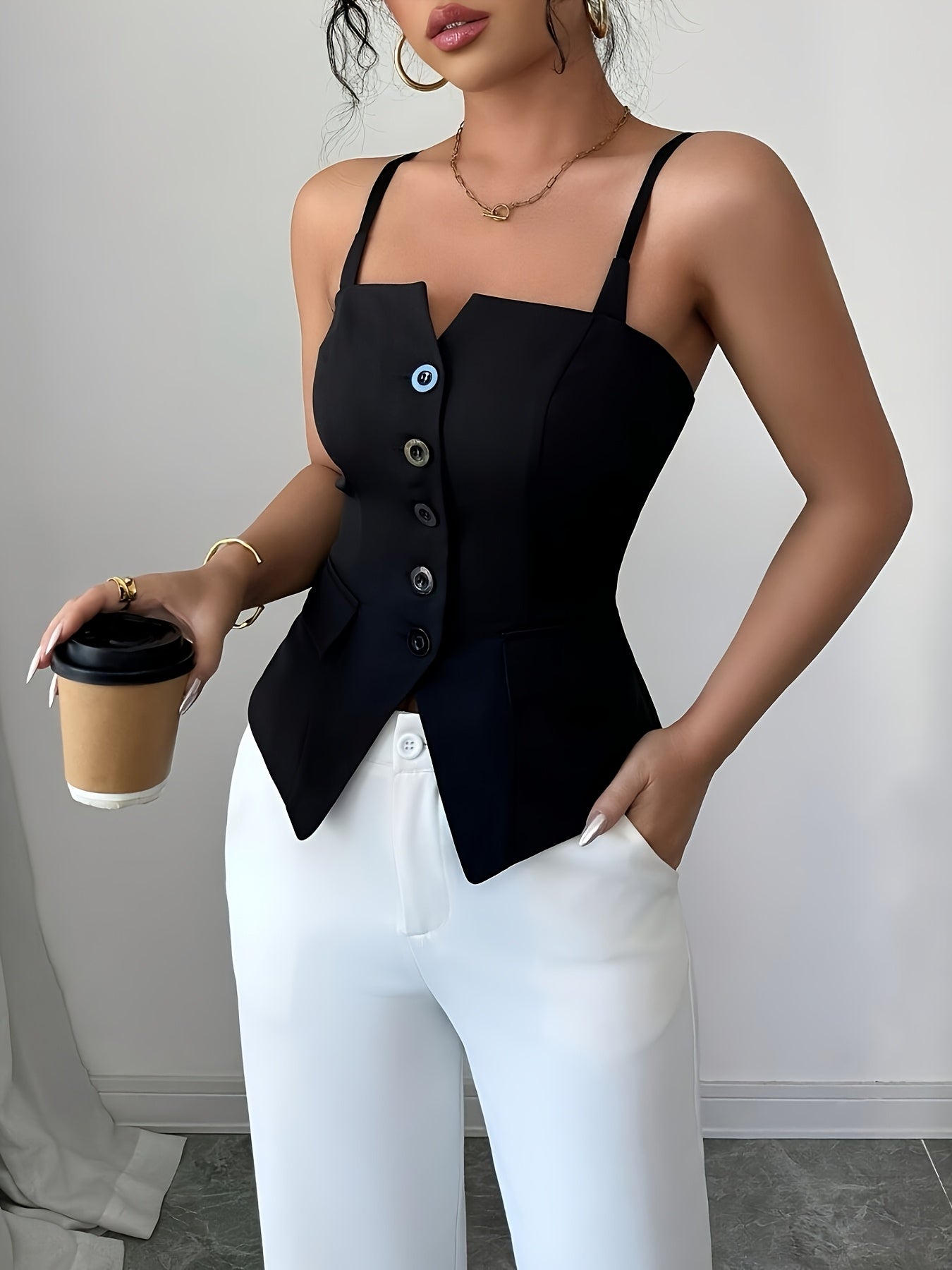 Regata Feminina Alfaiataria Estilo Colete com Botões Frontais Elegante