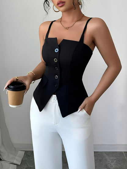 Regata Feminina Alfaiataria Estilo Colete com Botões Frontais Elegante