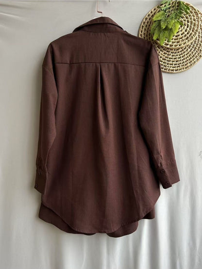 Conjunto Feminino Linho Camisa Manga Longa e Shorts Cintura Elástica Casual
