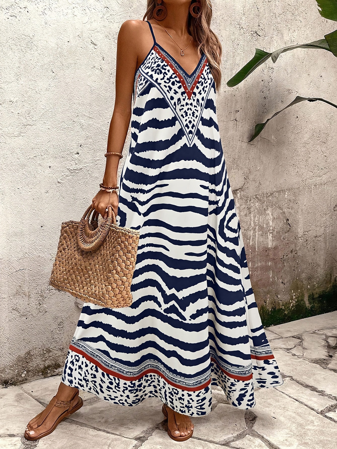 Vestido Longo Animal Print Zebra e Onça com Alças Finas Decote V