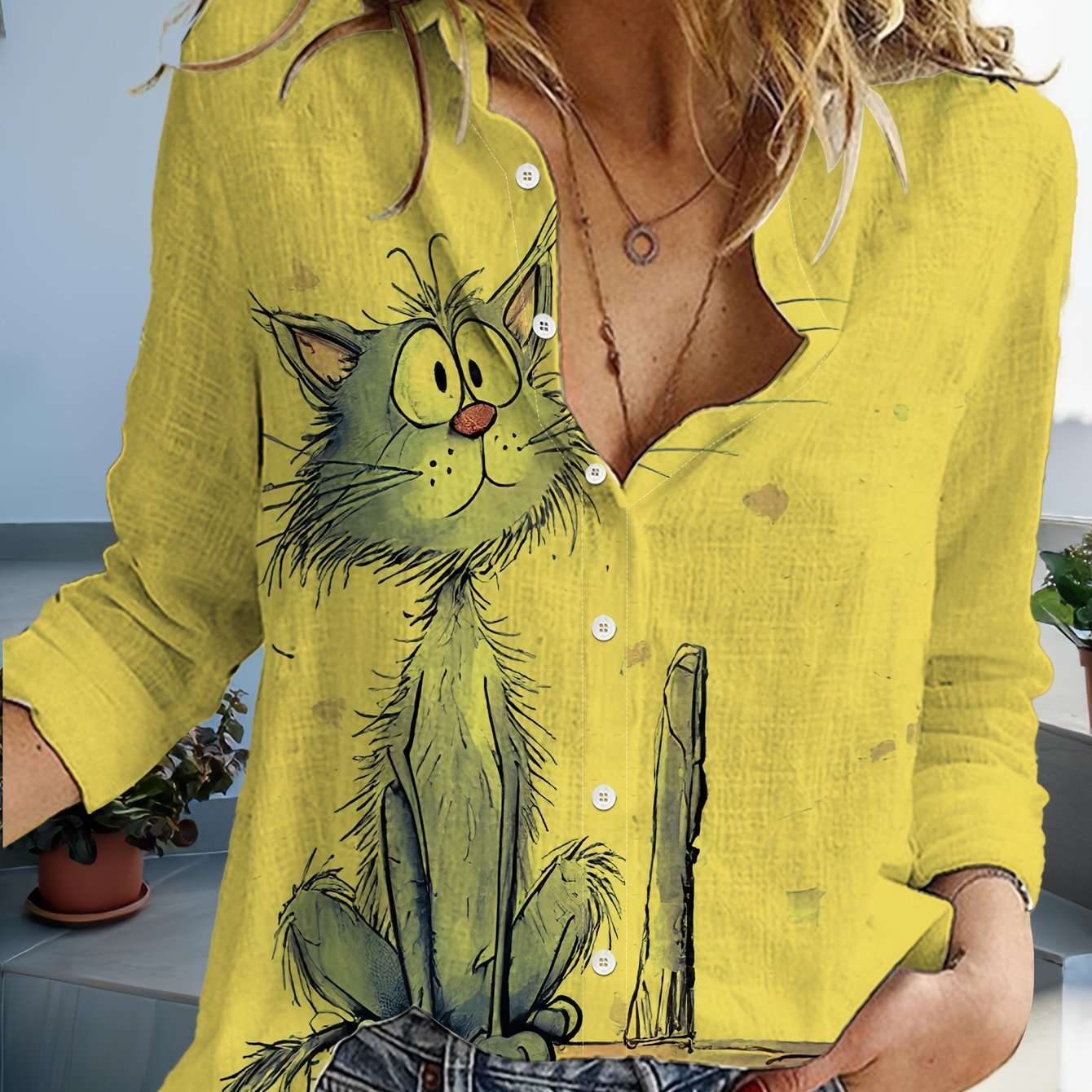 Camisa Feminina Manga Longa Estampa Gato Cinza Casual Oversized