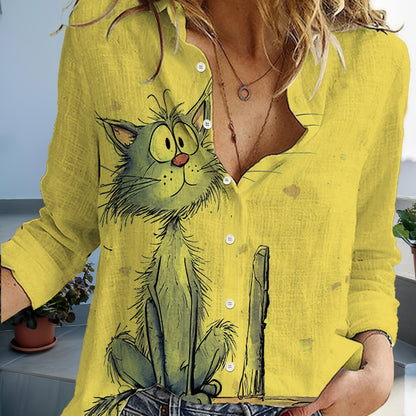 Camisa Feminina Manga Longa Estampa Gato Cinza Casual Oversized