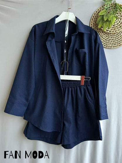 Conjunto Feminino Linho Camisa Manga Longa e Shorts Cintura Elástica Casual