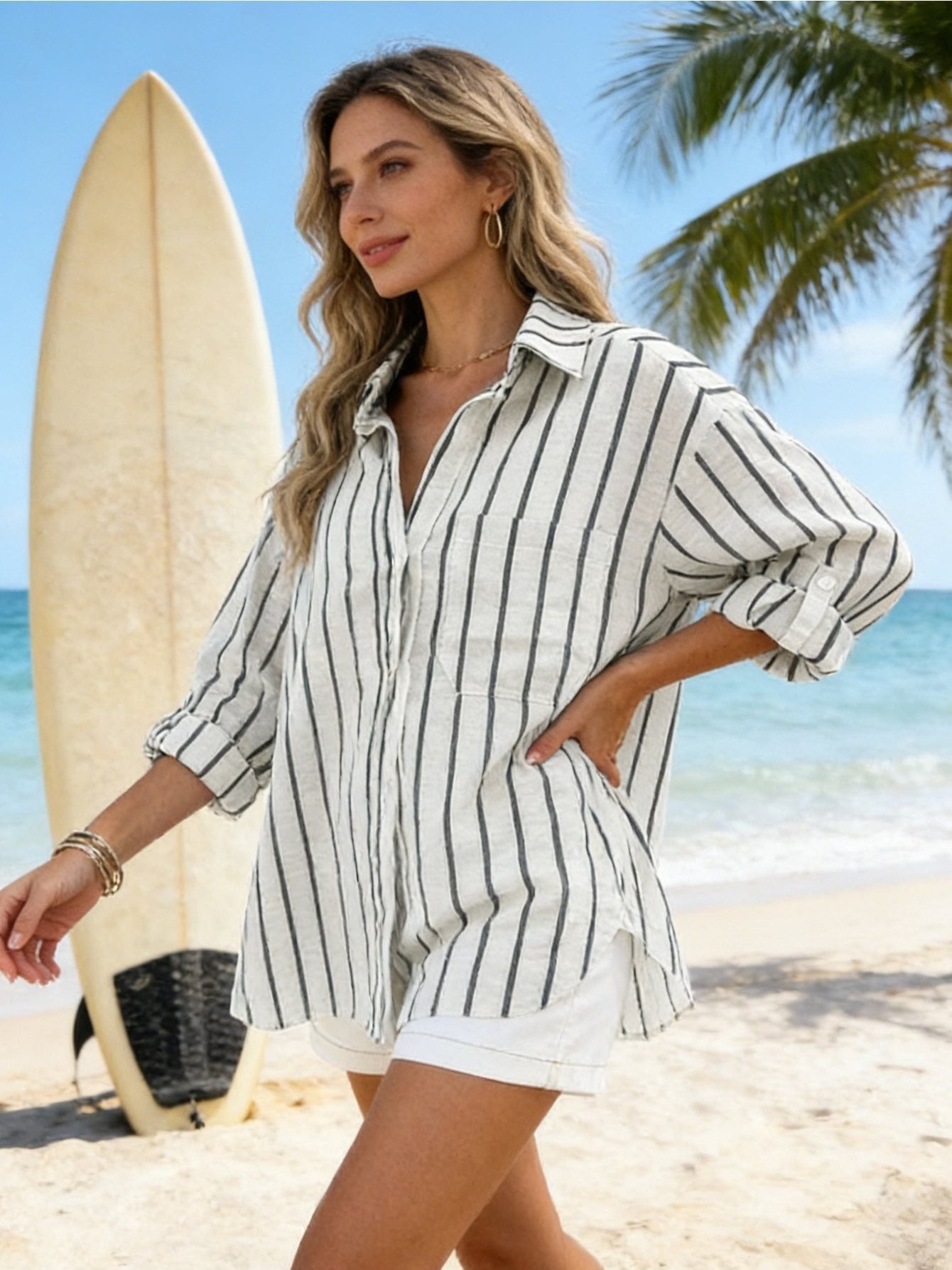 Camisa Feminina Linho Listrada Manga 3/4 Oversized com Bolsos Casual