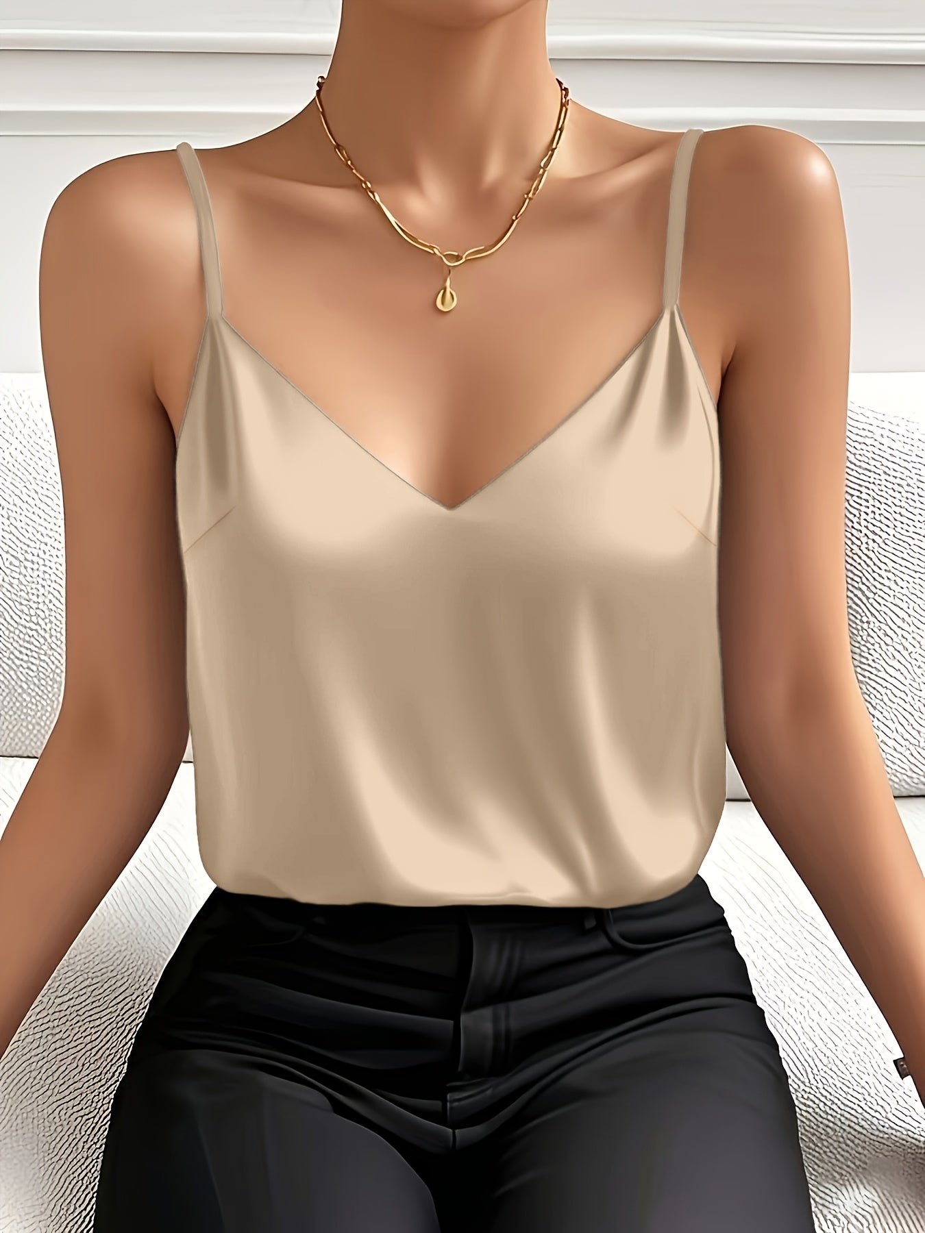 Regata Feminina Cetim Decote V Alças Finas Elegante Minimalista