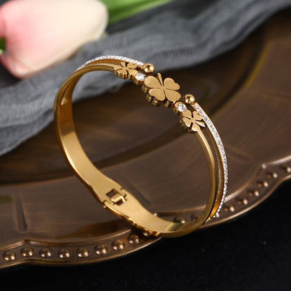 Pulseira Feminina Luxo Aço Inoxidável Abertura Retrô Strass Banho Ouro 18K