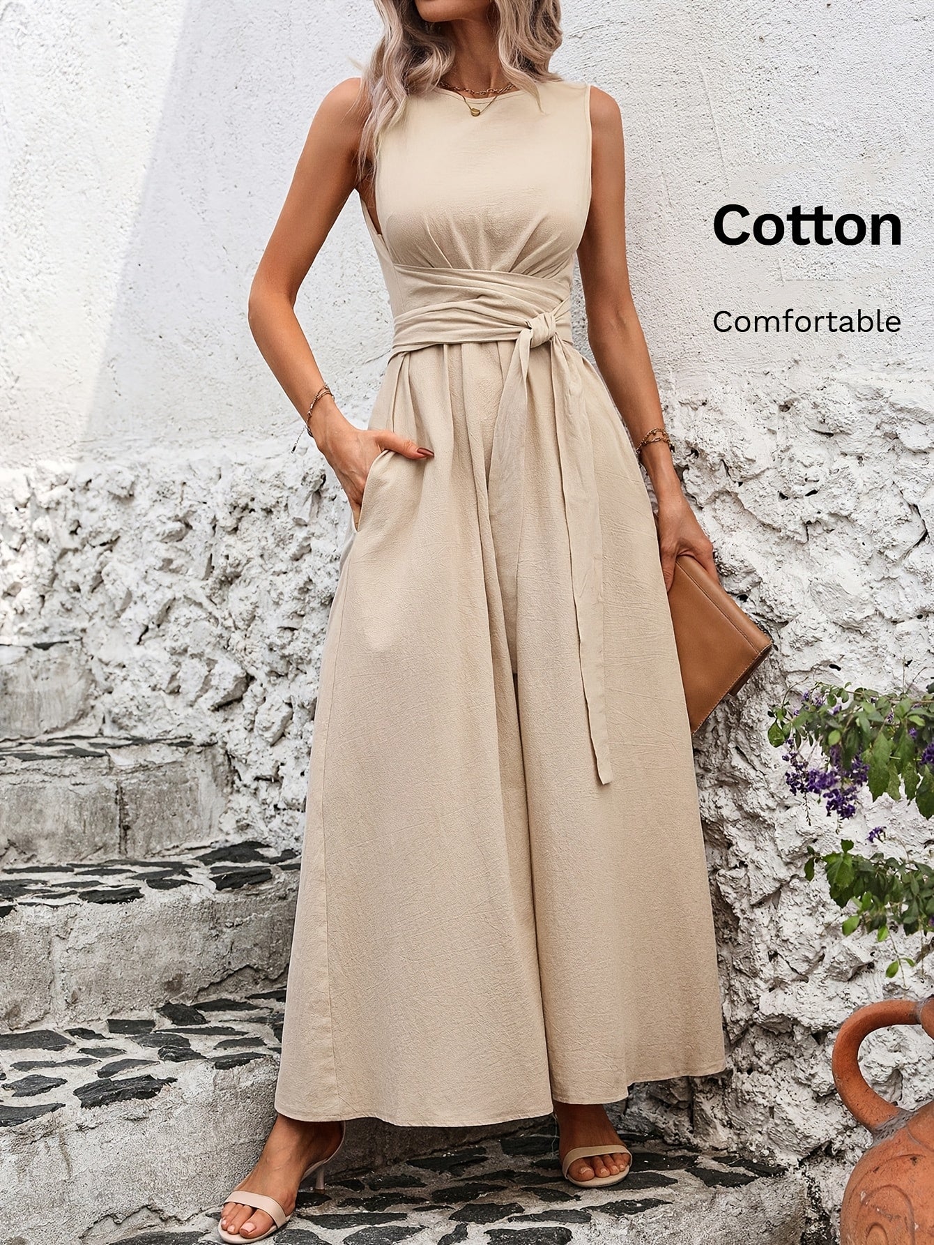 Vestido Casual Sem Mangas com Amarração nas Costas em Cor Sólida
