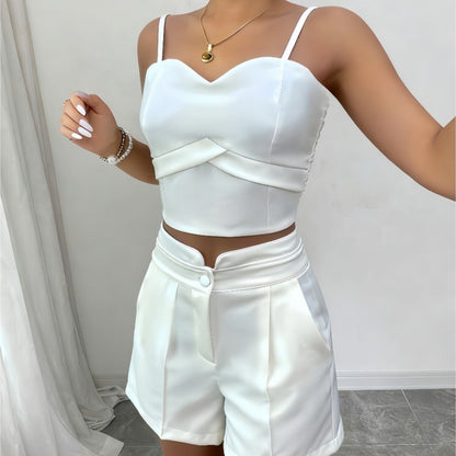 Conjunto Feminino Alfaiataria Top Cropped Bustier e Shorts Elegante