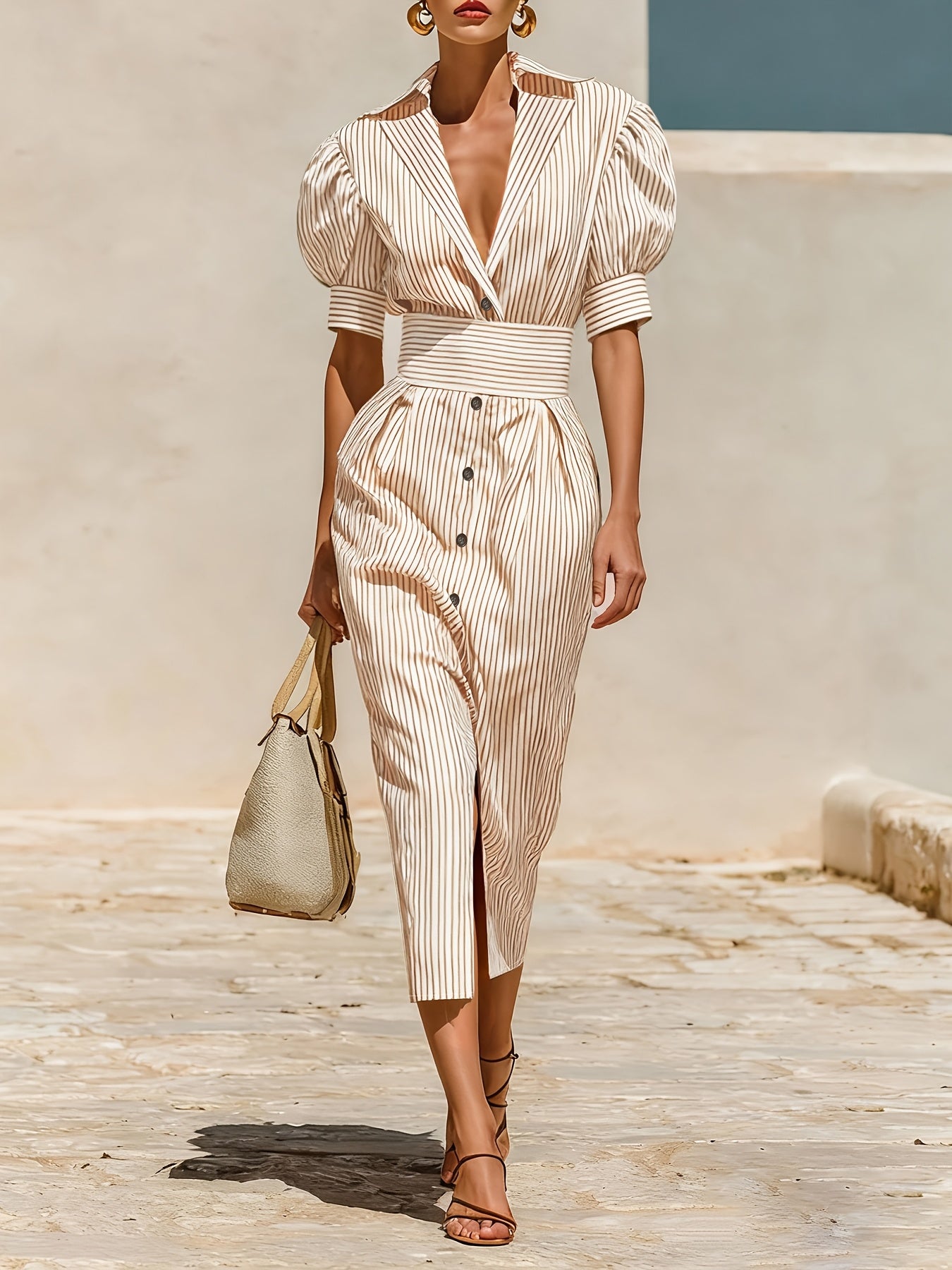 Vestido Midi Listrado com Mangas Bufantes Cinto e Botões Frontais