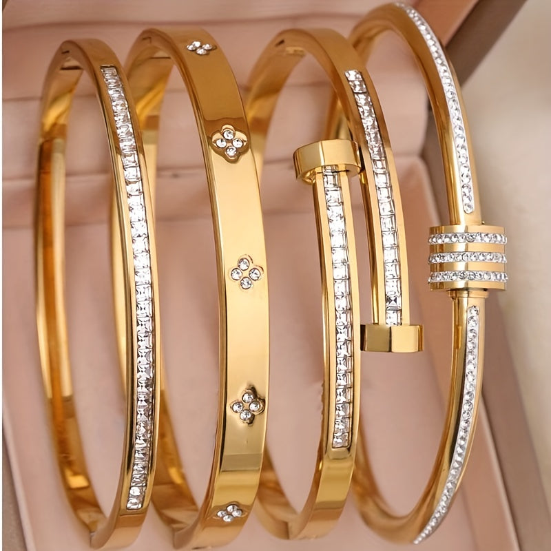 Kit 4 Pulseiras Femininas Elegantes Aço Inoxidável Zircônia Banho Ouro 18K Resistente Água