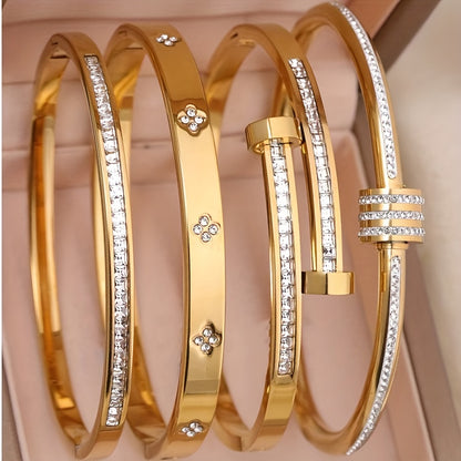 Kit 4 Pulseiras Femininas Elegantes Aço Inoxidável Zircônia Banho Ouro 18K Resistente Água