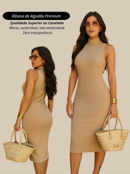 Vestido Midi Tubinho Gola Alta Sem Mangas Canelado Elegante