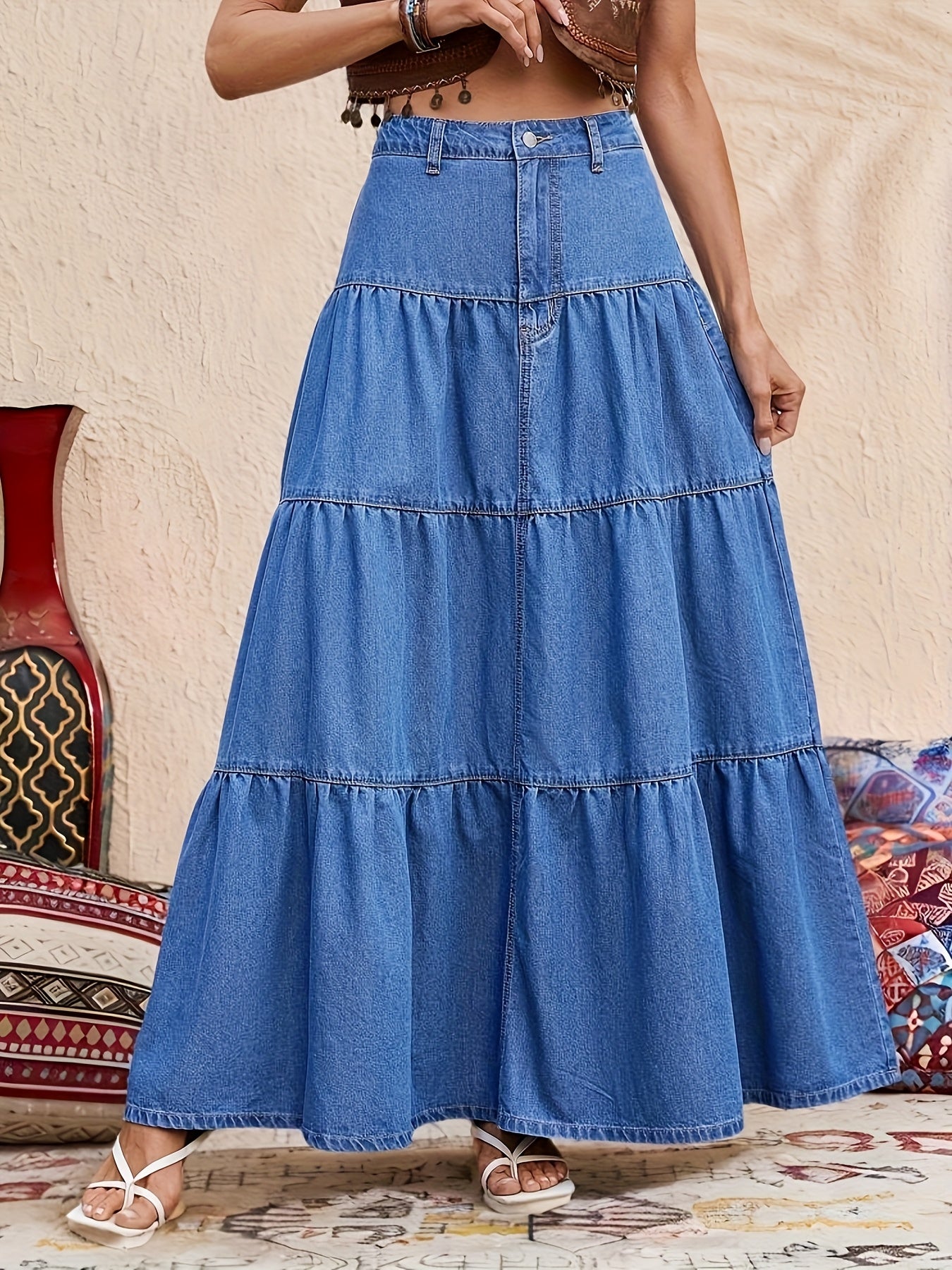 Saia Longa Jeans com Babados em Camadas Estilo Boho Casual