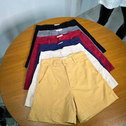 Short Meia Coxa, Alfaiataria, Comprimento Médio, Linho, com Bolsos