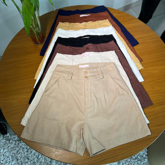 Short Meia Coxa, Alfaiataria, Comprimento Médio, Linho, com Bolsos