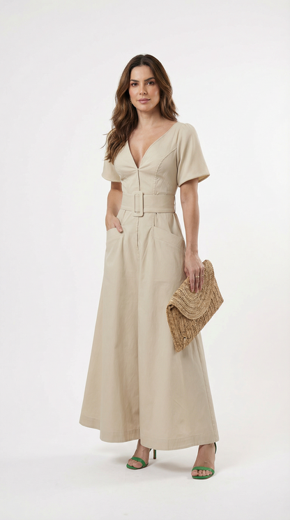 Vestido Comprido de Cor Sólida com Decote em V, Folhos, Cintura Ajustada e Bolsos