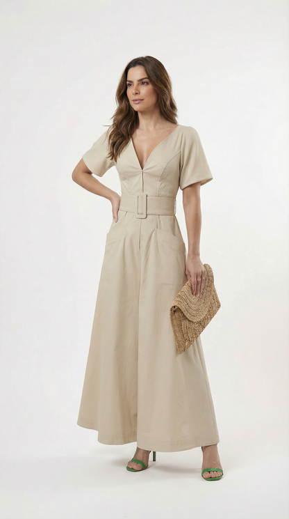 Vestido Comprido de Cor Sólida com Decote em V, Folhos, Cintura Ajustada e Bolsos