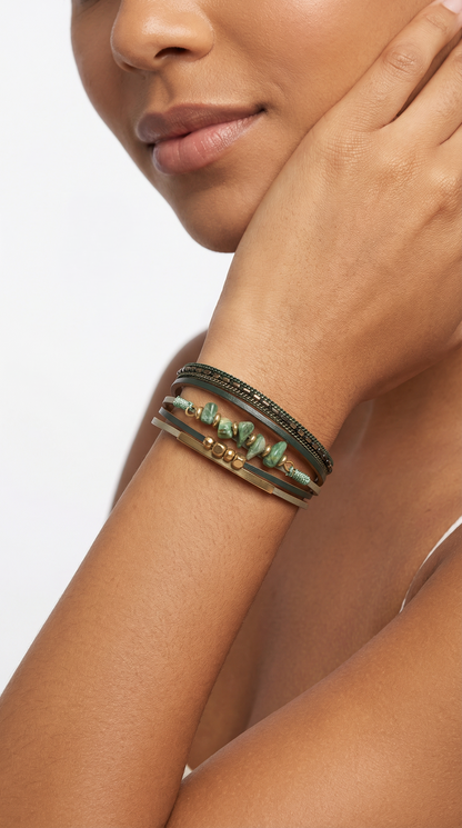 Pulseira Feminina Artesanal Turquesa Irregular Couro Fecho Magnético Boho