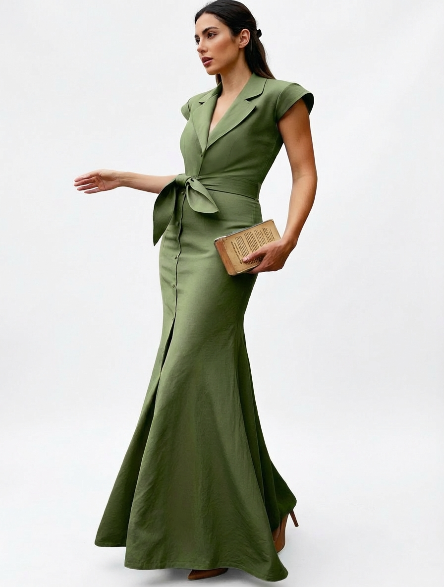 Vestido Longo Elegante Alfaiataria com Gola Lapela e Cinto