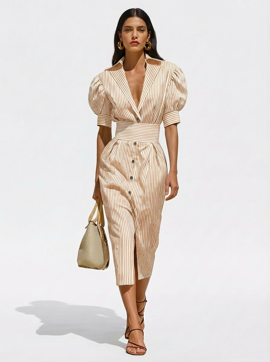 Vestido Midi Listrado com Mangas Bufantes Cinto e Botões Frontais