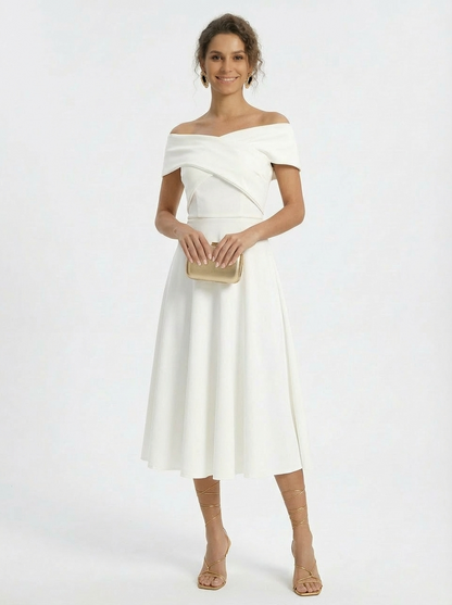 Vestido Midi Ombro a Ombro Branco Elegante com Zíper e Saia Evasê