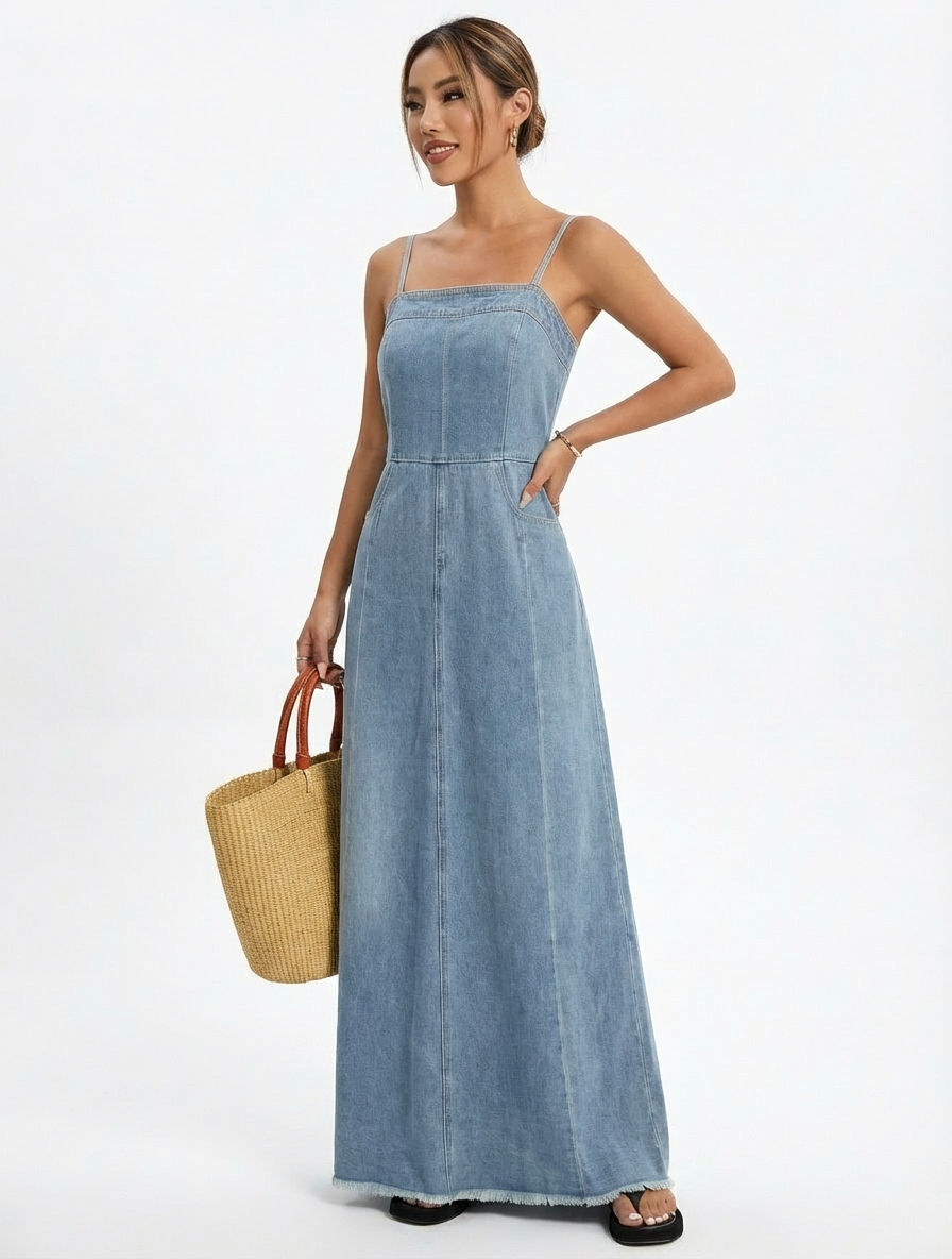 Vestido Jeans Longo com Alças Finas Lavagem Vintage Estilo Retrô