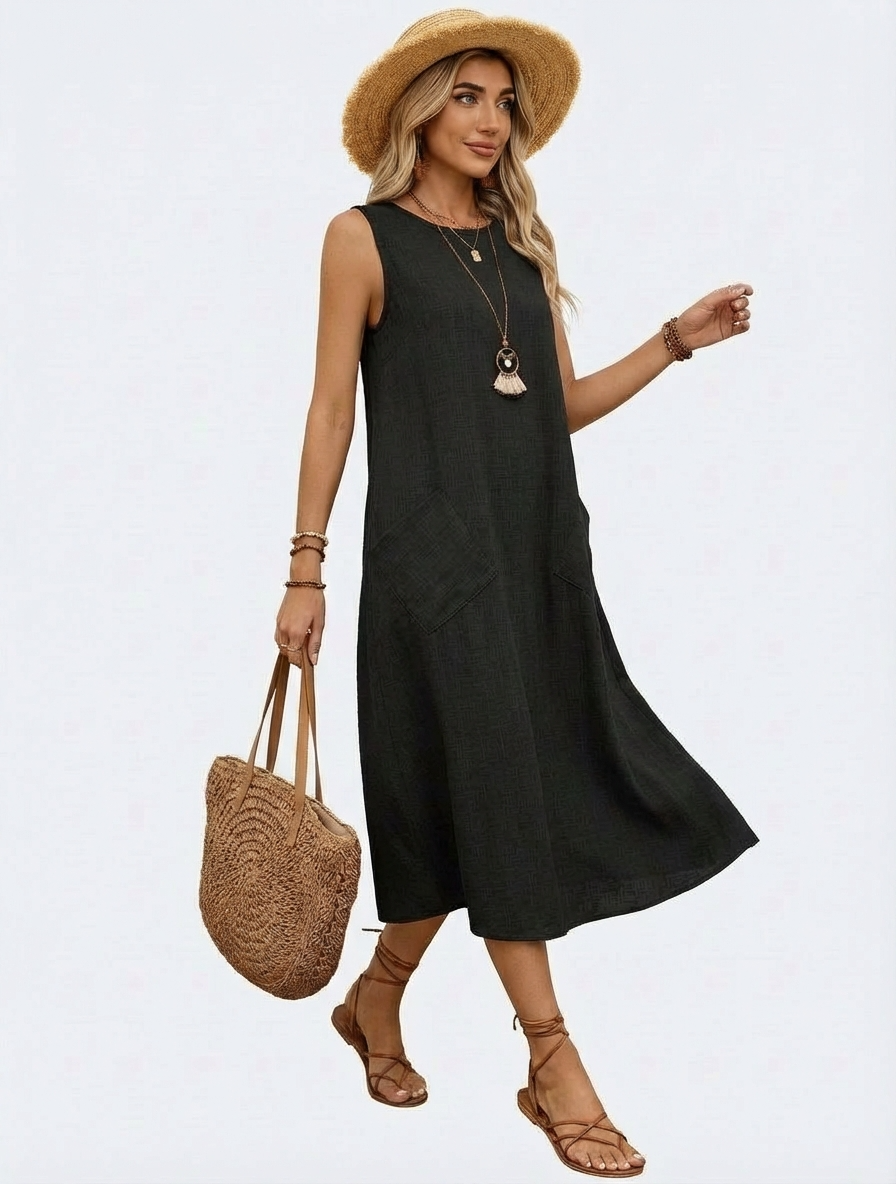 Vestido Midi Casual Sem Mangas com Bolsos Duplos Decote Redondo