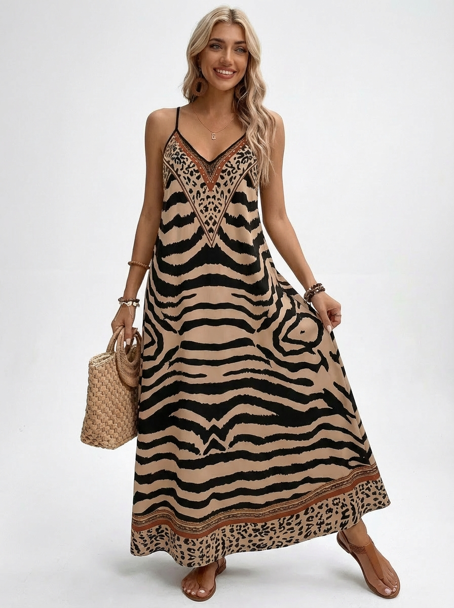 Vestido Longo Animal Print Zebra e Onça com Alças Finas Decote V
