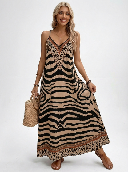 Vestido Longo Animal Print Zebra e Onça com Alças Finas Decote V