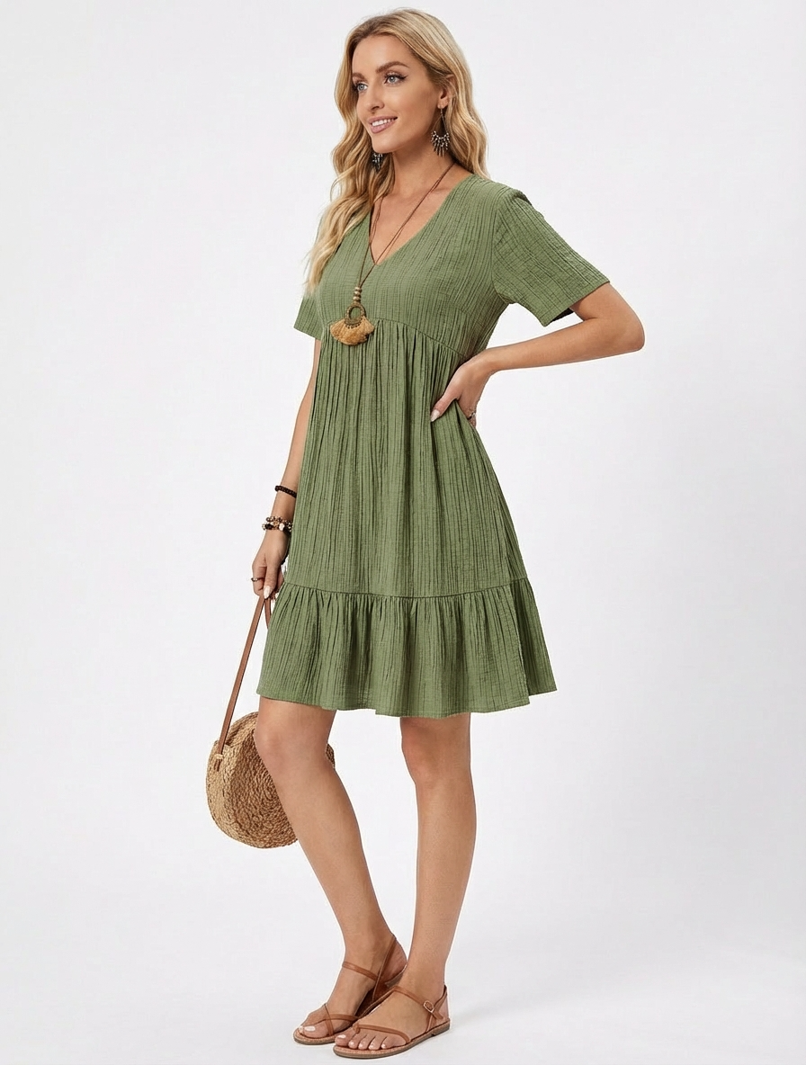 Vestido Curto Plissado com Decote V Mangas Curtas e Babado na Barra