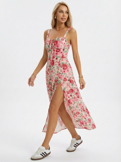 Vestido Midi Floral com Fenda Lateral Alças Finas e Amarração na Cintura