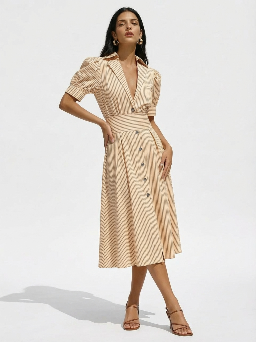 Vestido Midi Listrado com Mangas Bufantes Cinto e Botões Frontais