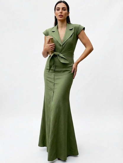 Vestido Longo Elegante Alfaiataria com Gola Lapela e Cinto