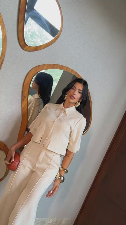 Camisa Linho Dual Style Alfaiataria Meia Manga Gola e Botões