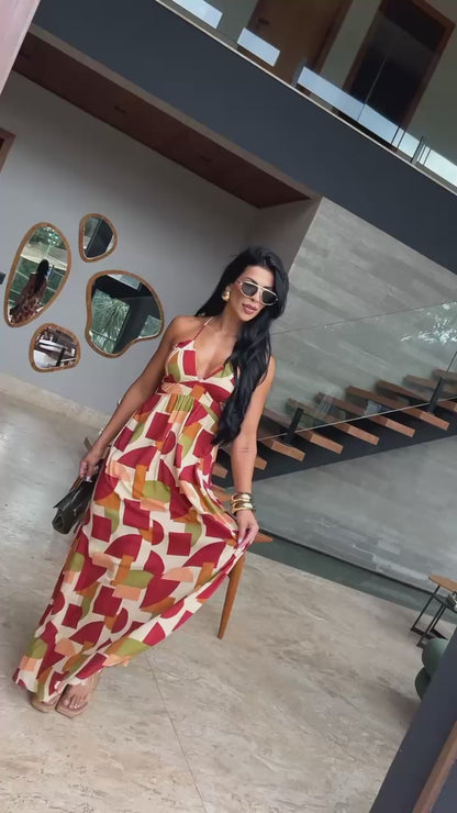 Vestido Longo Estampado Fluido Alça Fina Decote