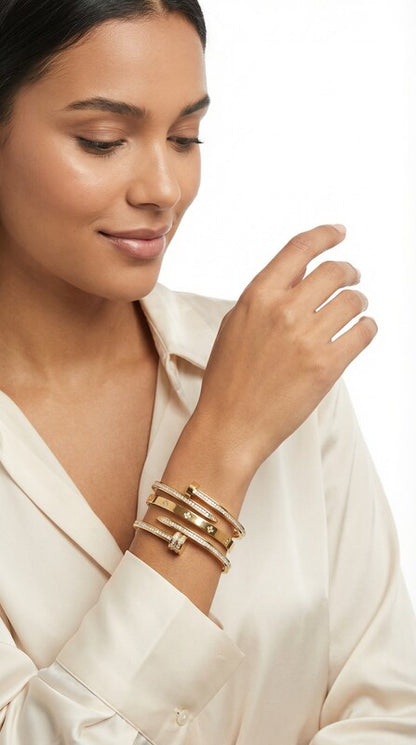 Kit 4 Pulseiras Femininas Elegantes Aço Inoxidável Zircônia Banho Ouro 18K Resistente Água