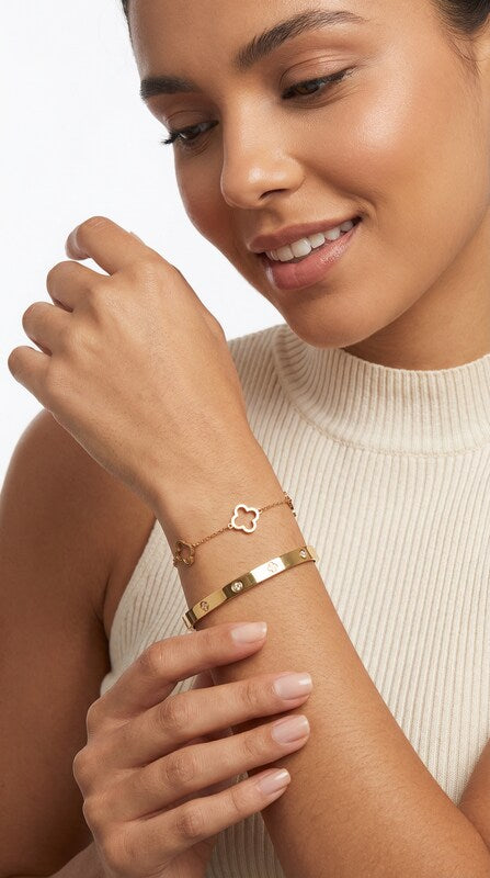 Kit 2 Pulseiras Femininas Aço Inoxidável Trevo Zircônia Banho Ouro 18K Elegante