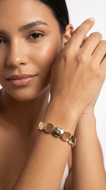 Pulseira Unissex Vintage Elegante Liga Zinco Dourada Elástica Quadrado Irregular